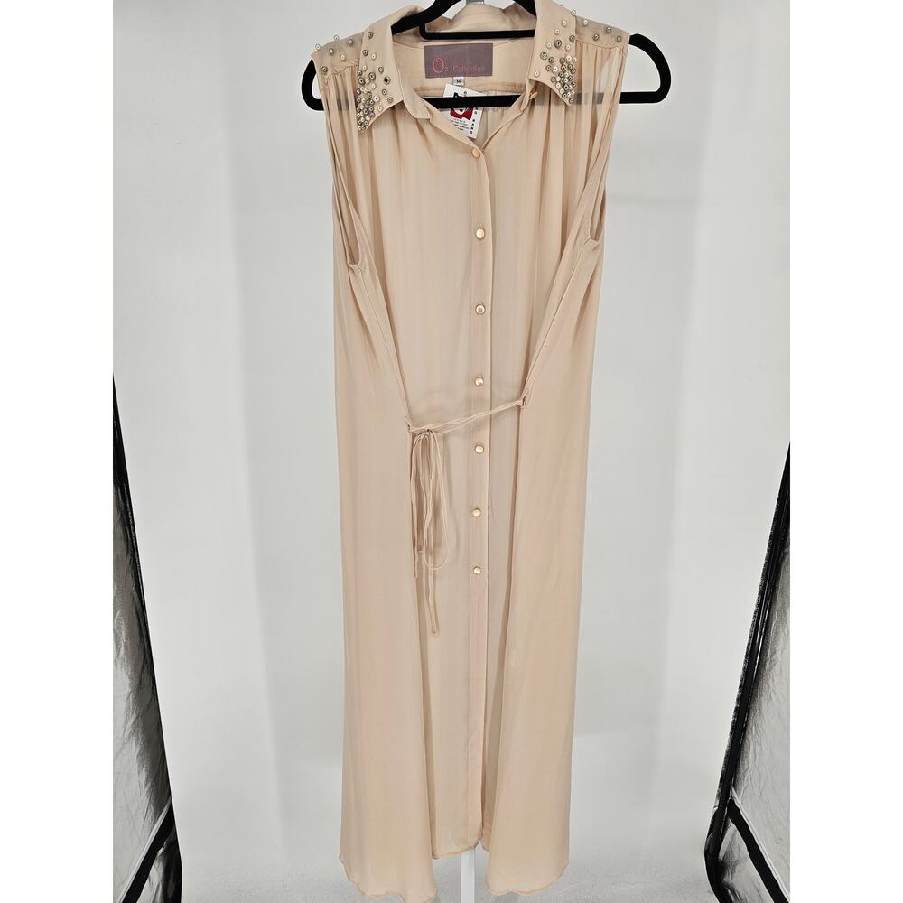 O2 Collection Womens Sz M MAxi length Dress Button Up Sheer Beaded NEW